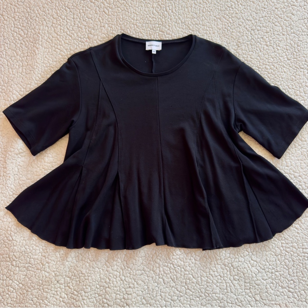 Bimba Y Lola Black Peplum Flare Top XS Minimalist Short Sleeve Structured